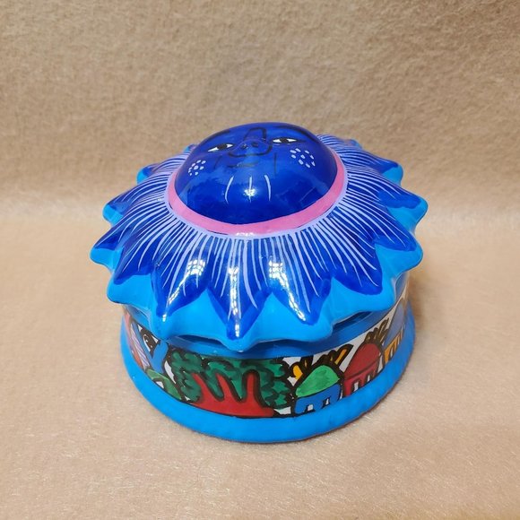 Mexican Folk Art Talavera Pottery Sun Trinket Box, Blue Hand Painted Dresser Box - Picture 1 of 11